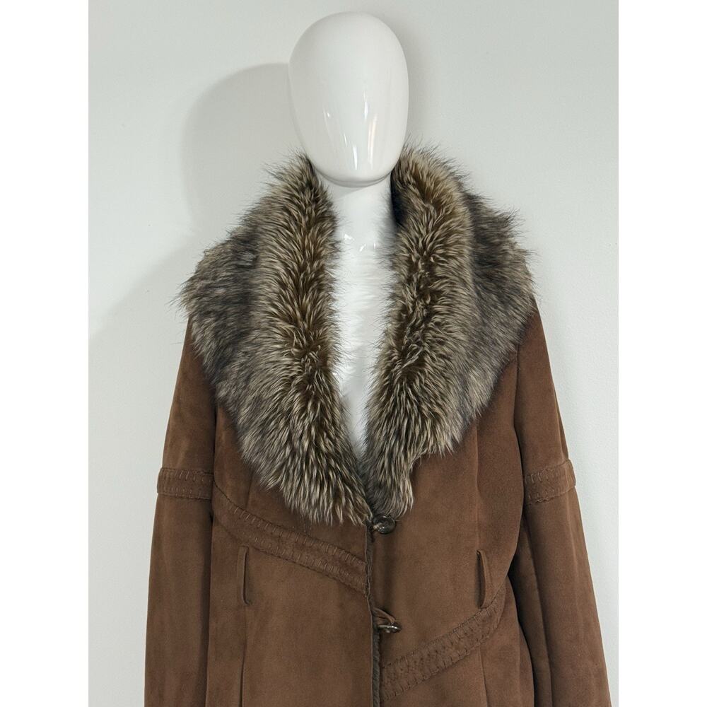 Y2K Neyelle Brown Faux Suede Jacket Faux Fur Collar Trim Penny Lane Coat Size L - Picture 7 of 12